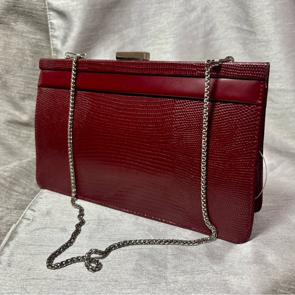 Preston & York Cherry Red Leather Snakeskin Embossed Chain Shoulder Bag